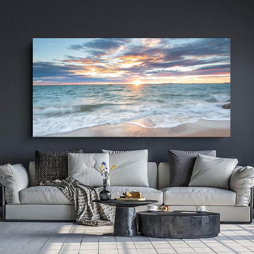 Beach Sunset Wall Art Coastal Decor Seascape Canvas Prints Ocean Picture for Living Room Decor Waves Sea Poster Landscape Painting Bedroom Wall Art Office Artwork Home Decorations (Bocean / 40"L x 20"W)