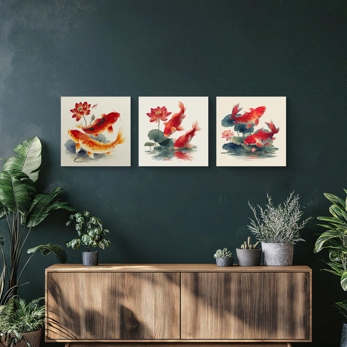 3Pcs Japanese Koi Fish Lotus Flower Wall Art Red Watercolor Zen Canvas Prints for Living Room Feng Shui Good Luck Animal Pictures Asian Oriental Floral Artwork Decor Ready to Hang (Zen Koi Canvas / 20x20inchx3)