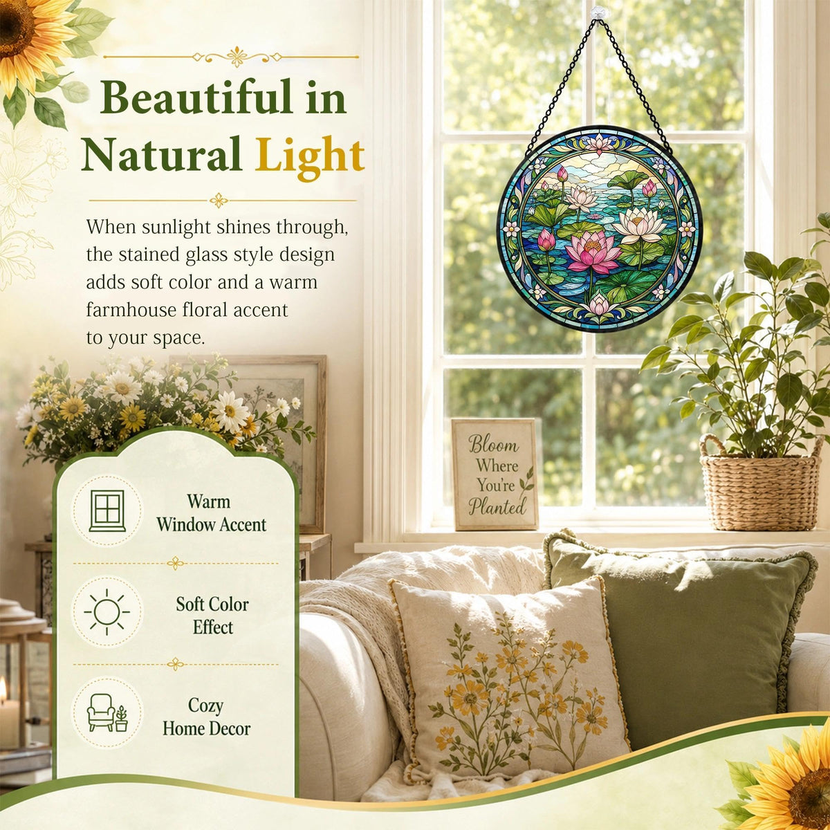 Lotus Flower Suncatcher Stained Glass Window Hanging Lotus Gifts for Women Christmas Lotus Decor Zen Meditation Sun Catcher Home Yoga 7.8 in (Lotus / 7.8 x 7.8 IN)