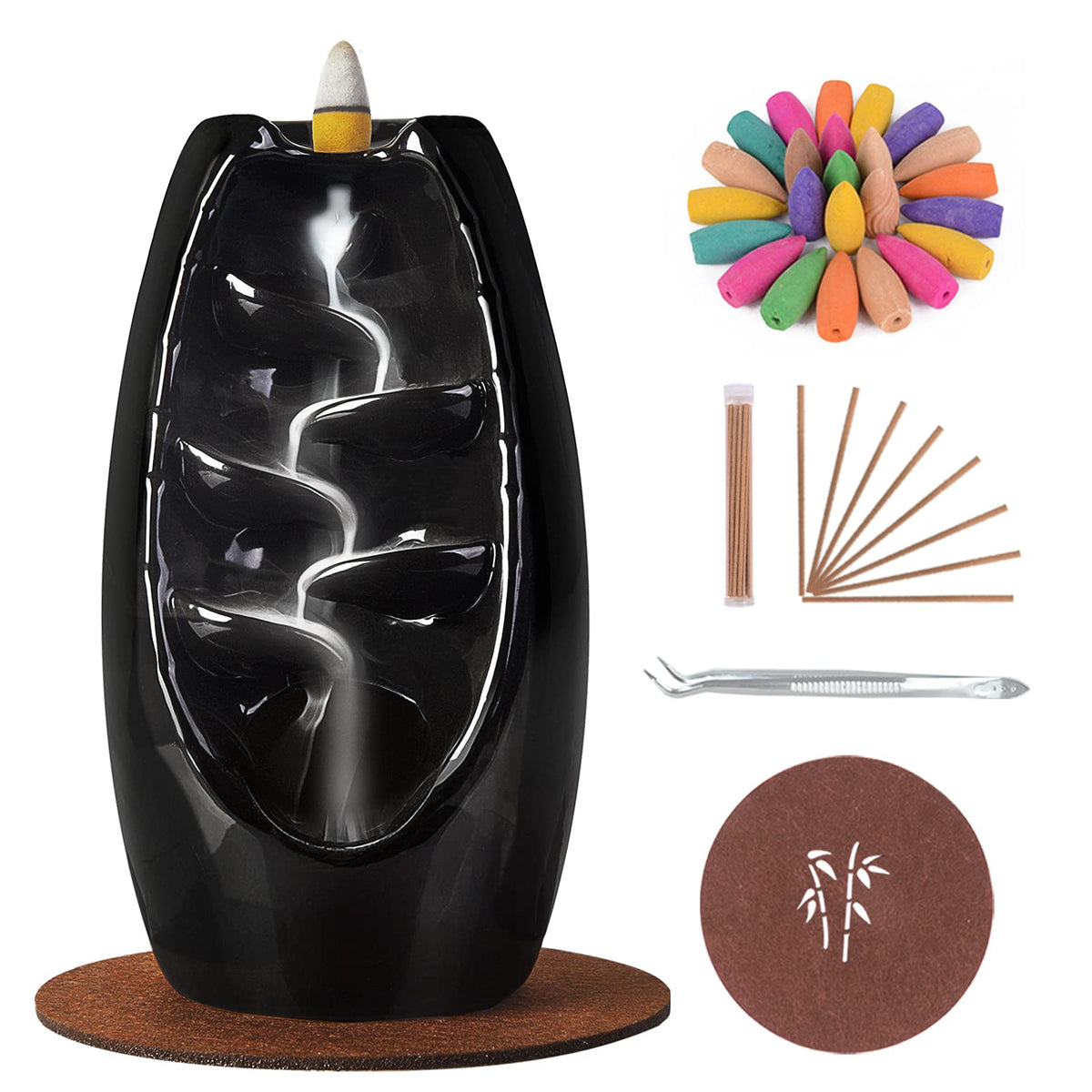 Ceramic Backflow Incense Holder Waterfall Incense Burner (Jet Black)
