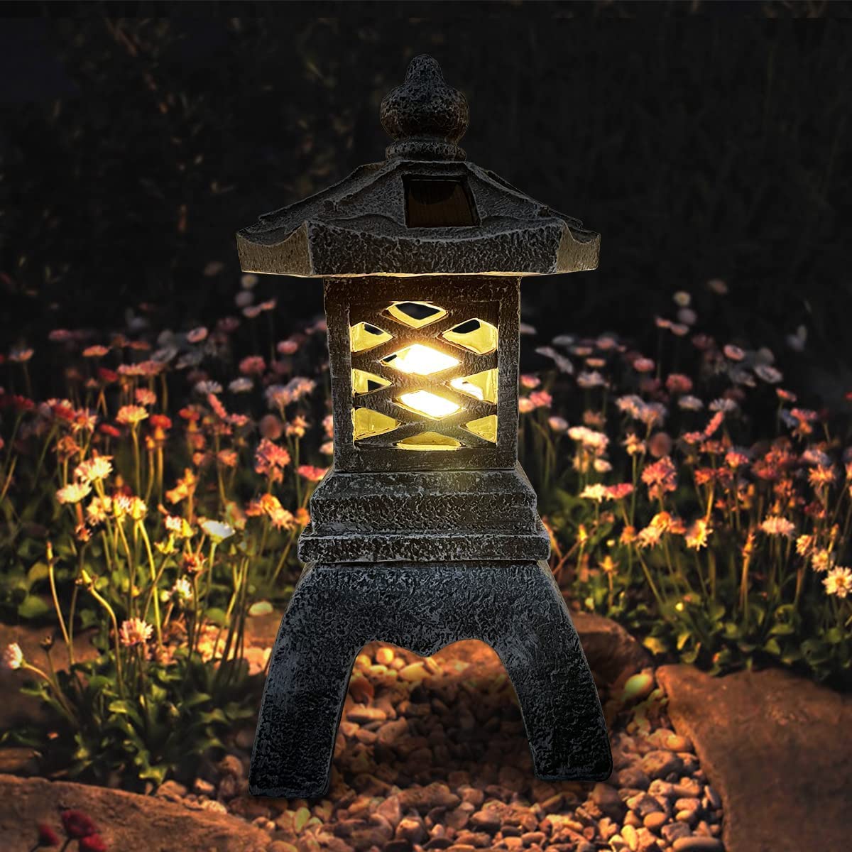 13 Inch Solar Pagoda Lantern Outdoor Statue (Style 4)