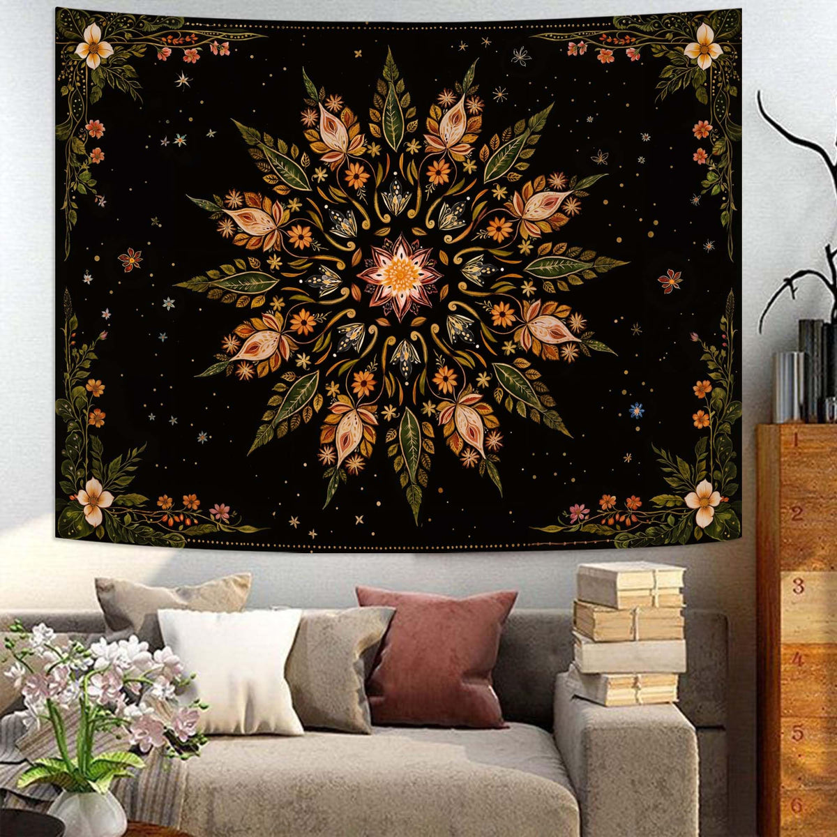 Boho Floral Mandala Tapestry for Bedroom Aesthetic Vintage Bohemian Flower Wall Tapestry Black Green Hippie Indian Tapestries Wall Hanging for Living Room Dorm Decor 60 x 44 Inch (Black Green / 60"L x 44"W)