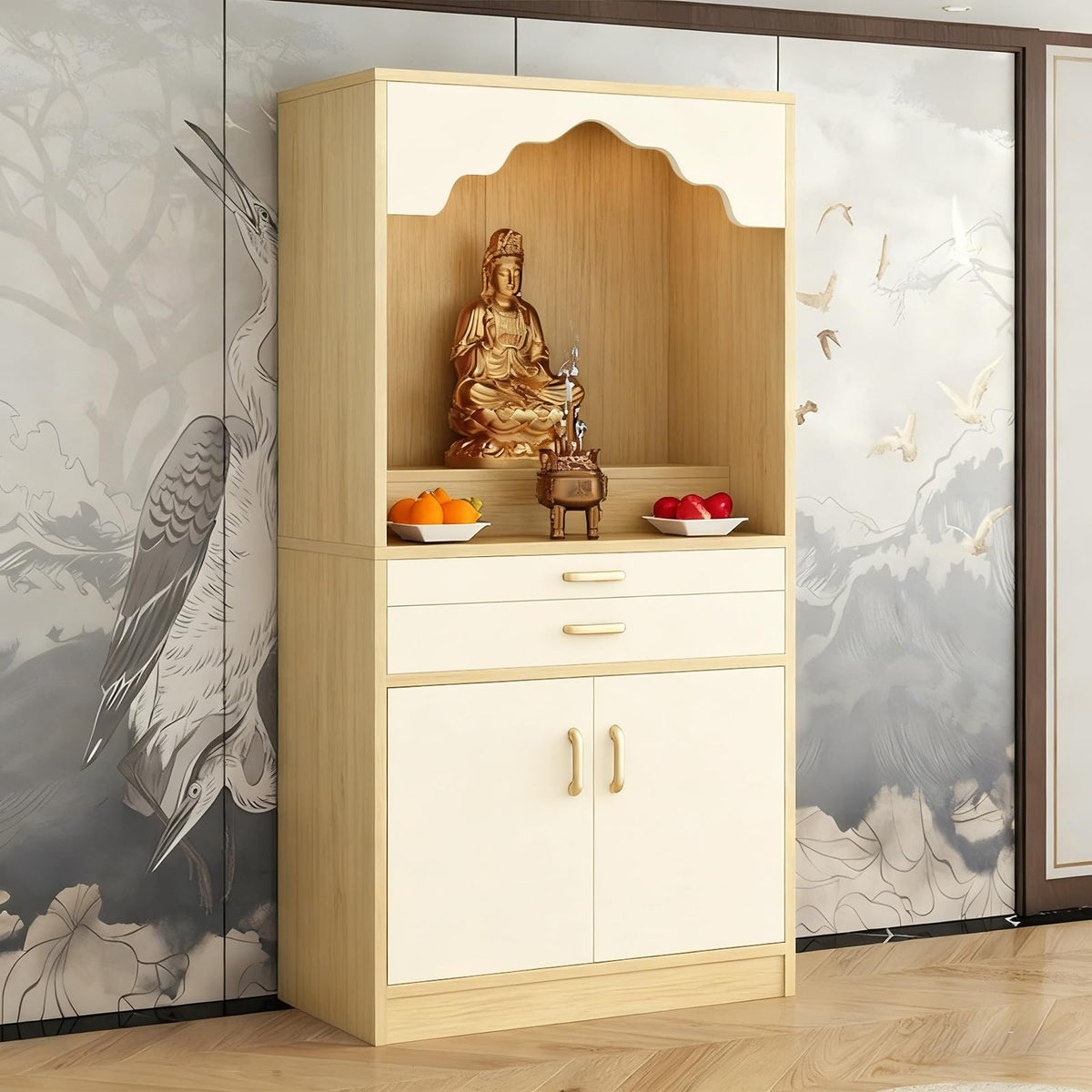 Altar Table Wood Meditation Prayer Table (Beige + Natural Wood / 31.5" x 15.7" x 63.8")