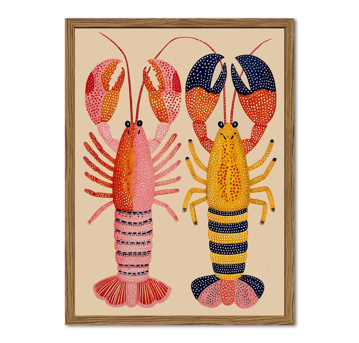Coastal Lobster Wall Art Colorful Boho Kitchen Wall Decor Picture Seafood Animal Poster Canvas Painting Print for Living Dining Room 24x16 inch Wood Framed (Animal-G / 24"L x 16"W)