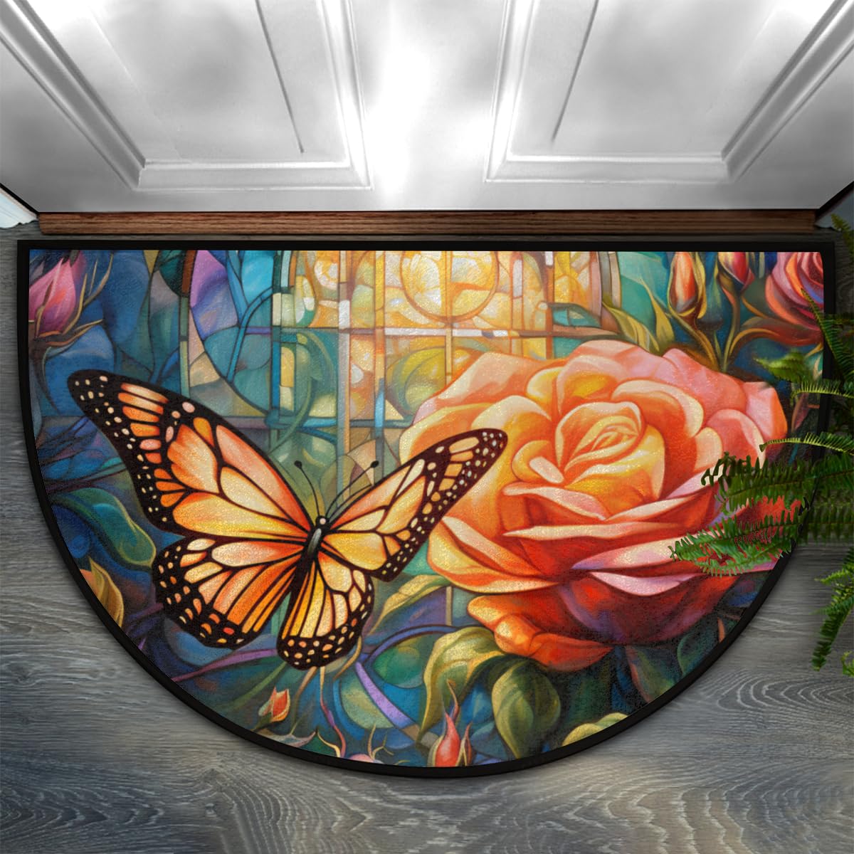 Butterfly Half Round Doormat Non Slip Half Moon Rug Outdoor Welcome Mat (B 019)