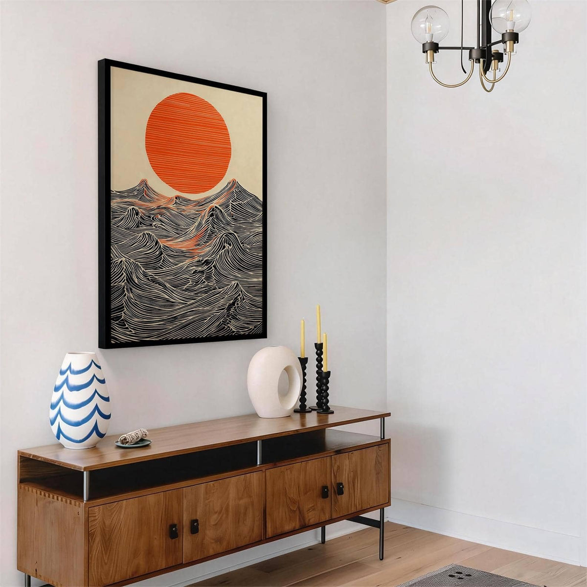 Black Framed Abstract Japanese Style Artwork 20x30in Sun and Waves Wall Art Modern Minimalist Ocean Poster Asian Home Decor Print Painting for Japanese Living Room Bedroom Office Ready to hang (Black Framed / Japanese Painting / 30"L x 20"W)