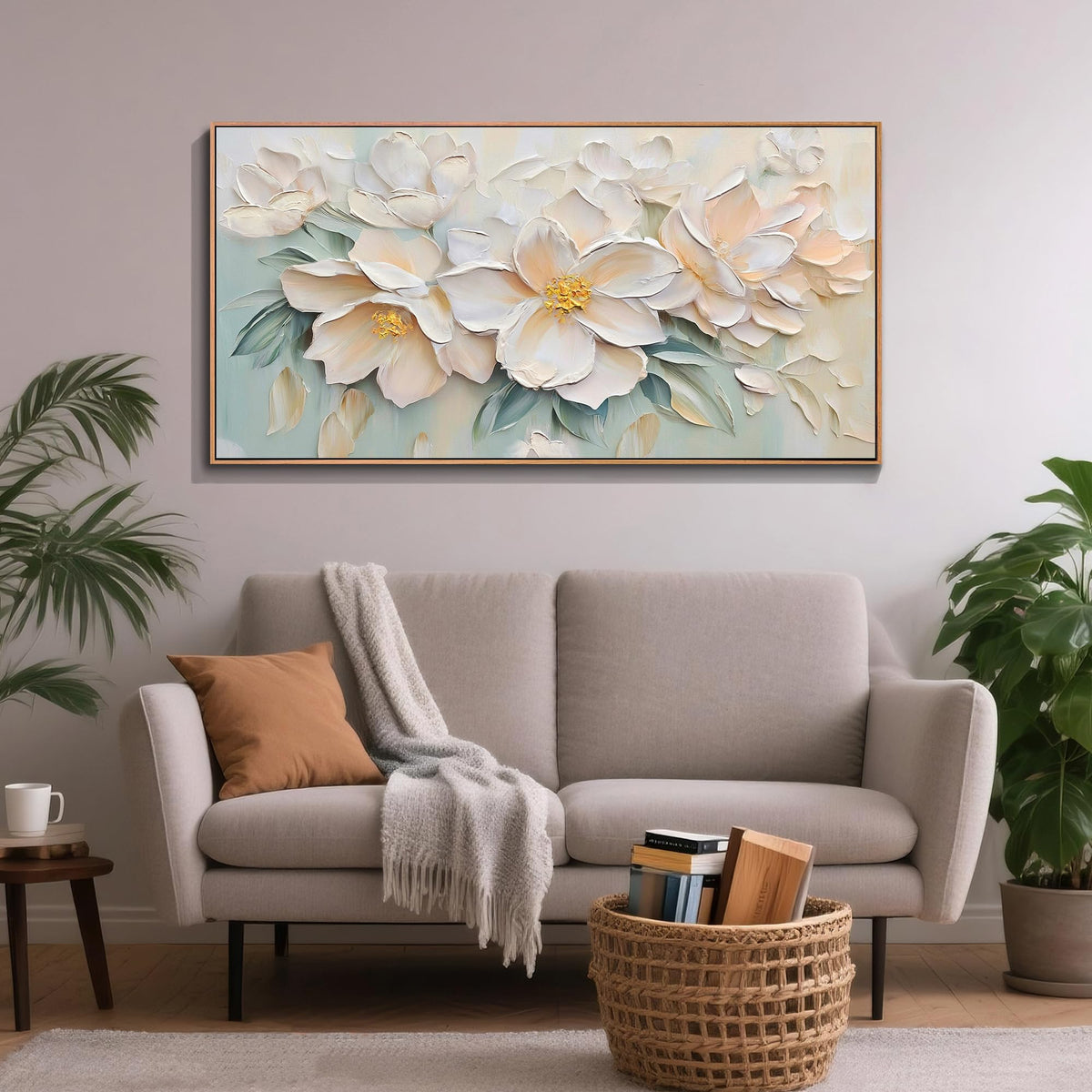 Framed Floral Extra Large Canvas Wall Art for Living Room 58"x29" (Light Pink Florals / Wood Framed / 58.1"L x 29.1"W)