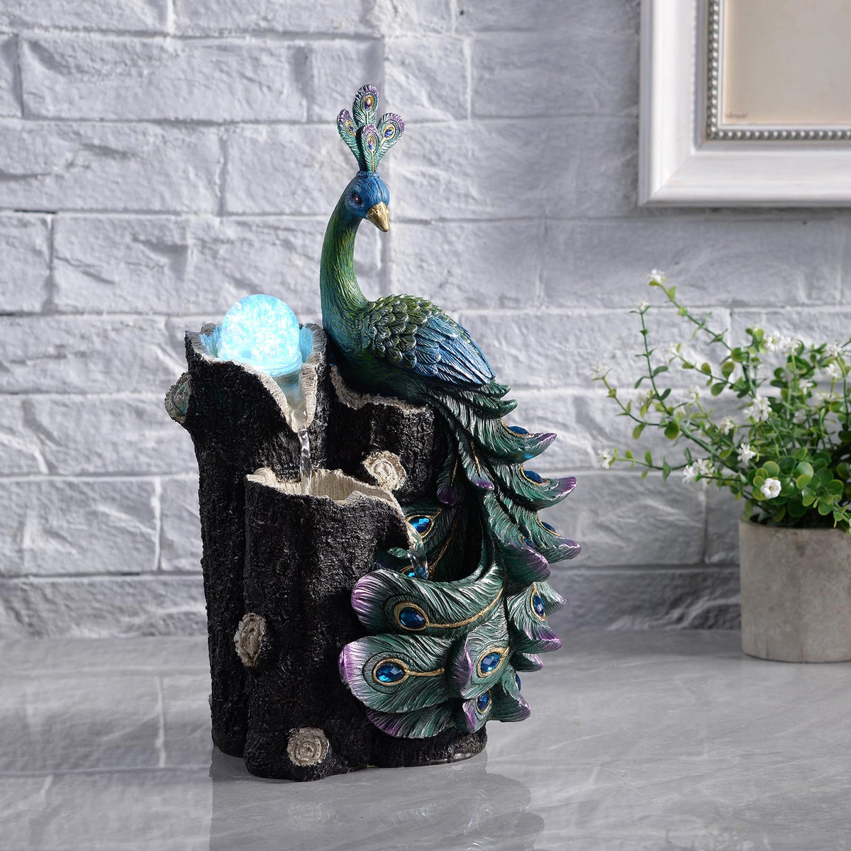 Tabletop Peacock Waterfall Fountain (Royal Blue)