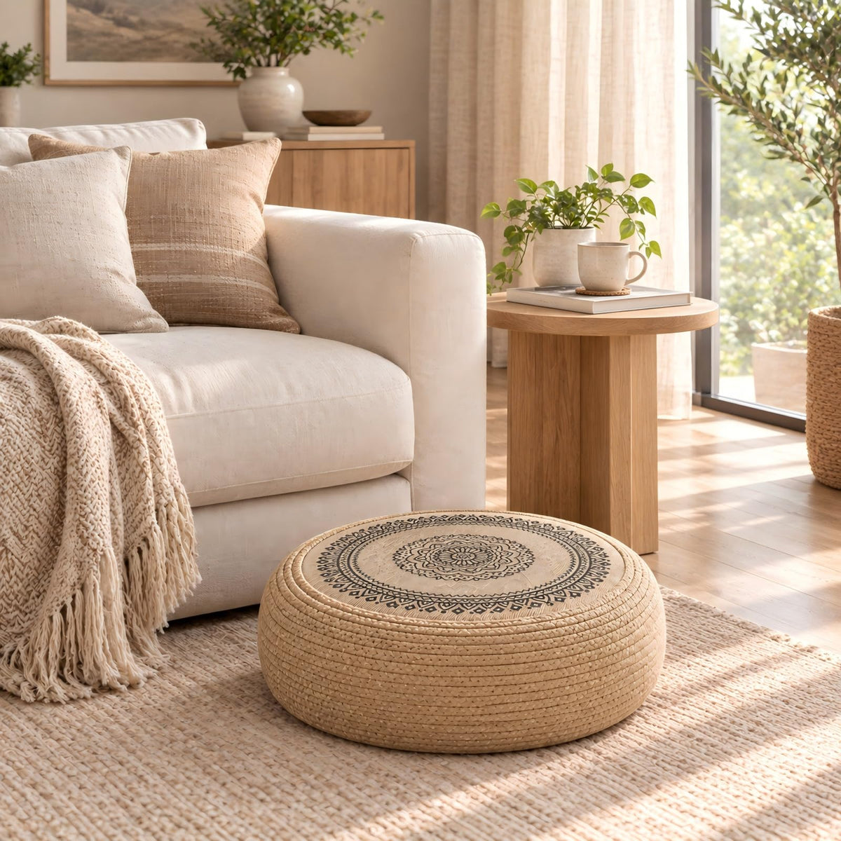 Handwoven Jute Pouf Ottoman (Yellow Brown Black / 23.6"D x 23.6"W x 7.9"H)