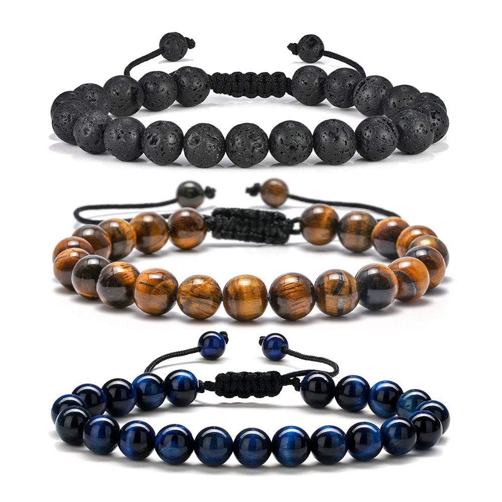 Mens Beaded bracelets set (3 Pcs Tiger Eye&Lava Rock)