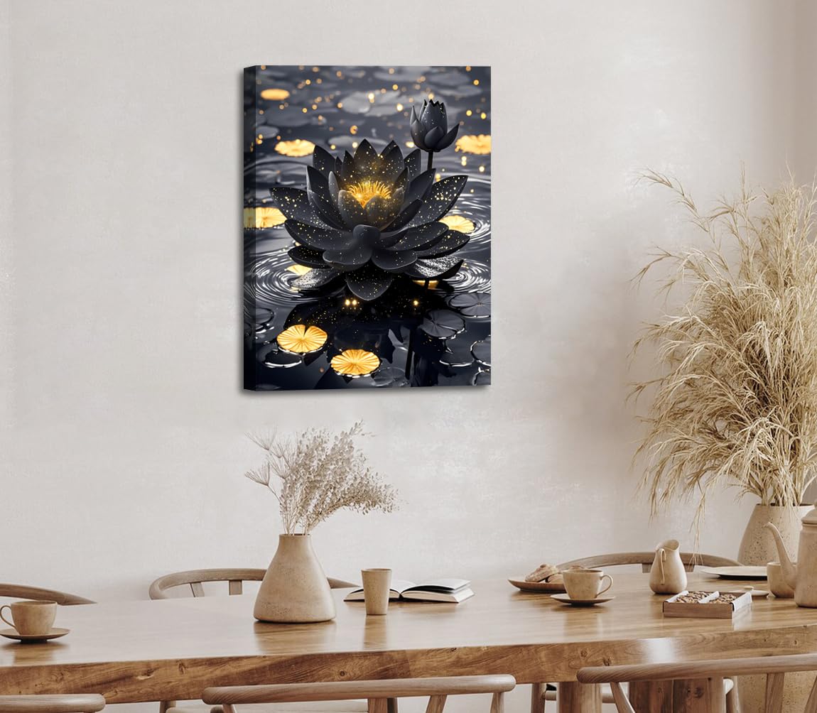Lotus Floral Wall Art for Zen Office Decor Wall Art (Framed 12"X16"- Black and Gold Lotus Flower Print)