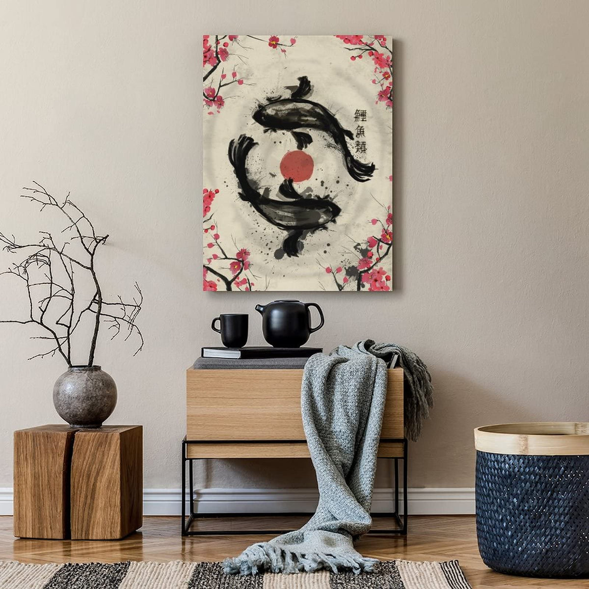 Japanese Retro Ink Painting Sakura Yin Yang Koi Fish Art Print Canvas Painting Home Decoration For Living Room Bedroom Unframed 16 x24 inches (24"L x 16"W / Unframe-12)