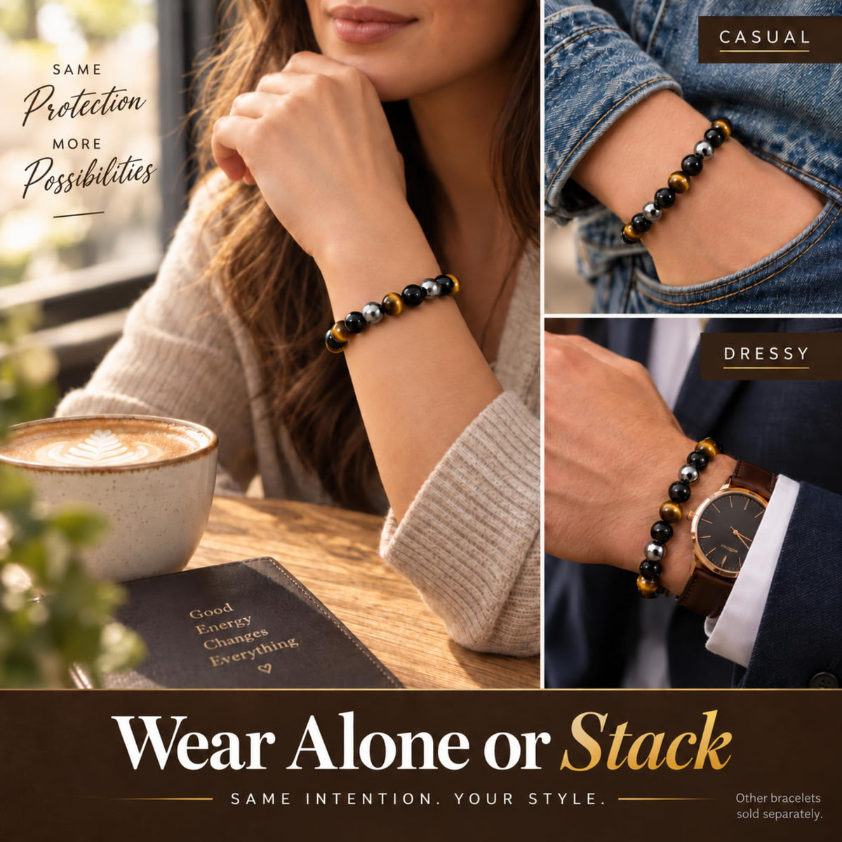 Triple Protection Gold 8mm Beaded Bracelet (Triple Protection Gold / Medium)