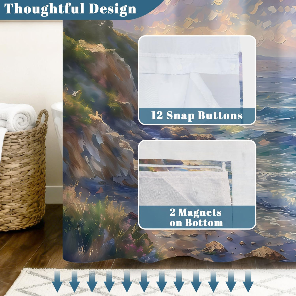 Coastal Ocean Shower Curtain No Hooks with Liner (Seascape)