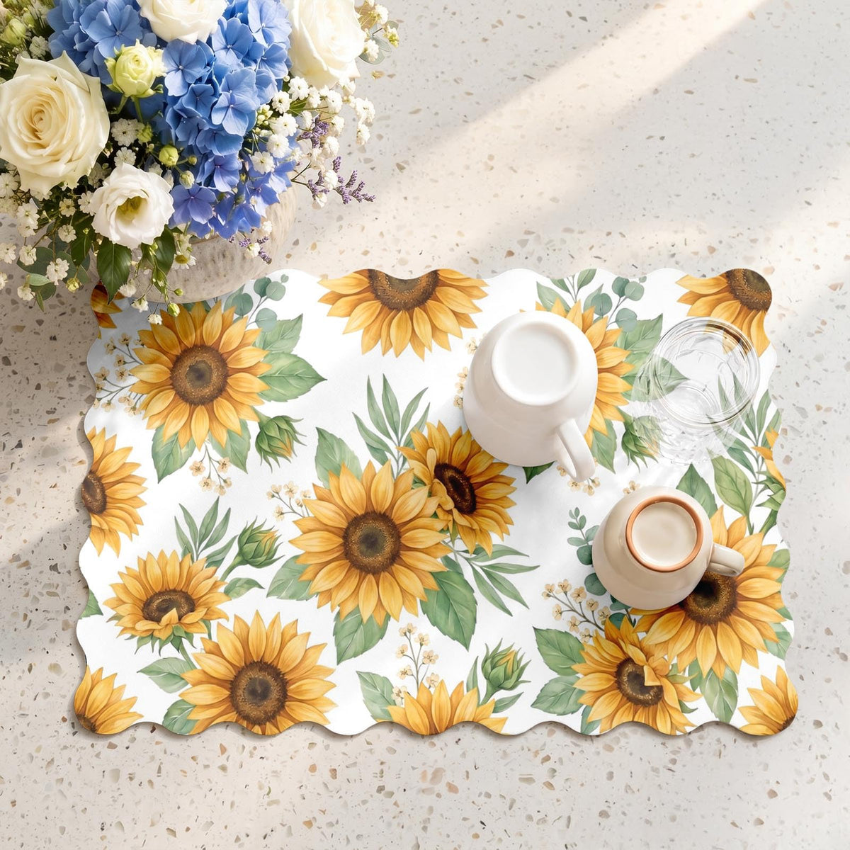 Scalloped Dish Drying Mat 2 (Watercolor Sunflower / 12x19 inch)