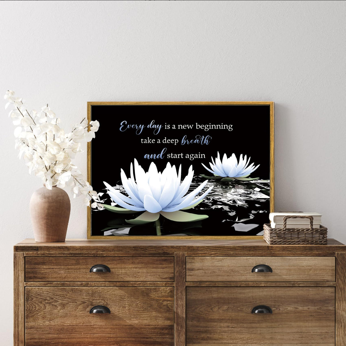 Black and Blue Floral Framed Wall Art Inspirational Quotes with Water Lily Wall Art for Living Room Zen Black Canvas Wall Decor for Bedroom Bathroom Home Office Ready to Hang 12L x 17W Inch (Blue / 12"L x 17"W)