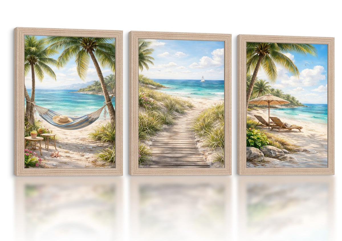 3Pcs Framed Beach Themed Art Canvas Painting Coastal Poster Ocean Image Tropical Palm Tree Print Seaside Gallery Wall Decoration Living Room Bedroom Bathroom 12x16 Inches Ready To Hang (Beach Scenery - 1 / 12x16in)