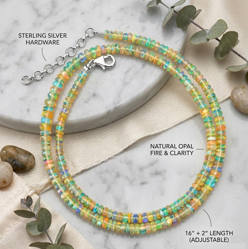 AAA Quality White Base Natural Ethiopian Opal Beads16 Beaded Necklace with Additional 2 inch 92.5 sterling silver extension (Natural White Base Ethiopian Opal)