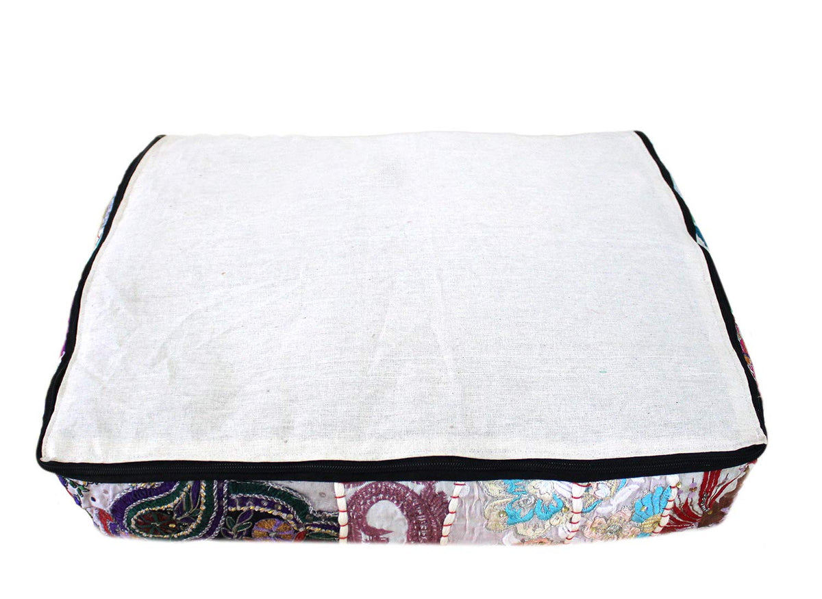 Indian Square Patchwork Traditional Pouf Cover Indian Living Room Poufs Decorative Embroidered Designer Ottoman Home Living Footstool Chair Cover Decor Pillow Cover 16x16x5 inches Off White (16"D x 16"W x 5"H / Off White)