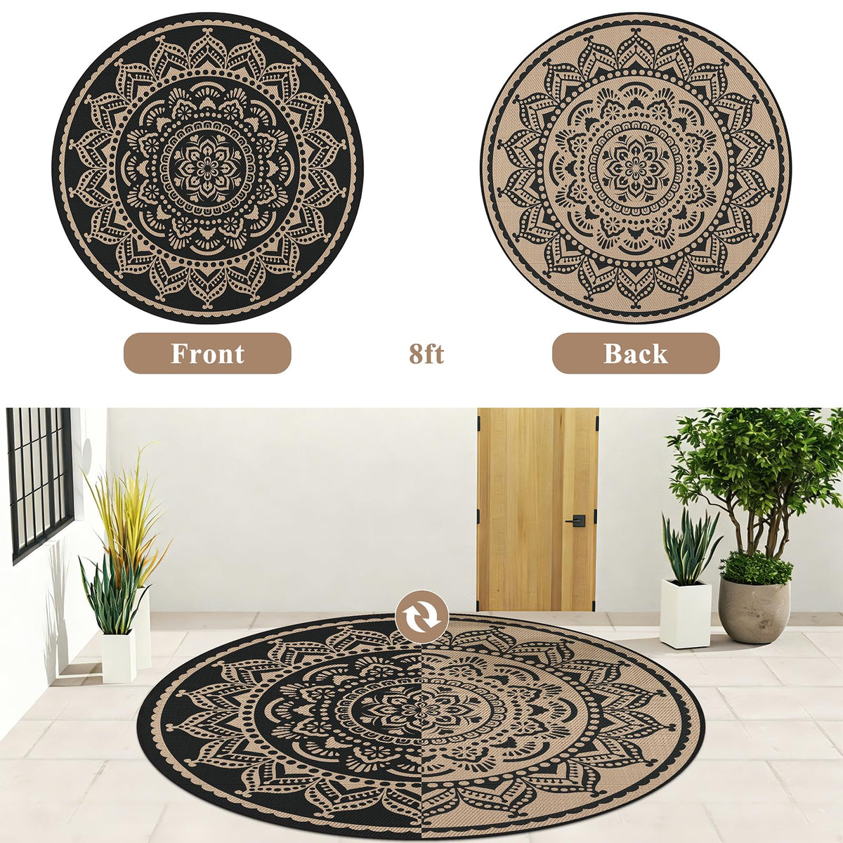 Waterproof Outdoor Rug (Flower Black Gold / 8' (Round))