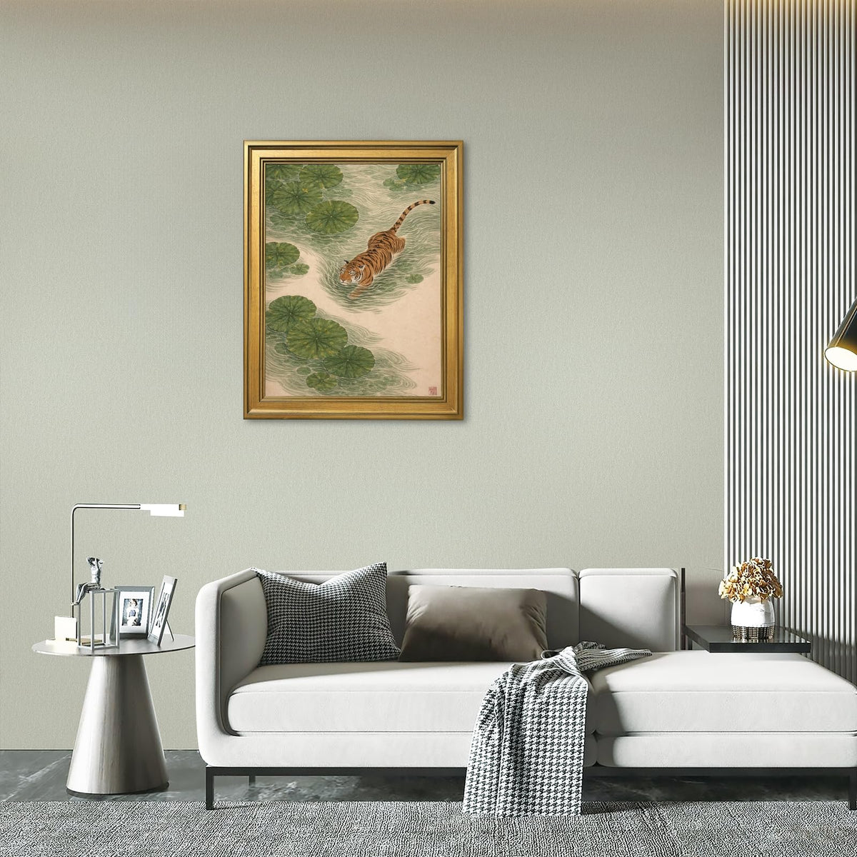 Japanese Tiger Wall Art Prints Vintage Asian Pond Painting Zen Nature Animals Posters Tiger in Lotus Pond Artwork Oriental Animal Nature Wall Decor for Living Room Bedroom 12x16inch Golden frame (style-5 Vintage Golden frame / 12"L x 16"W)
