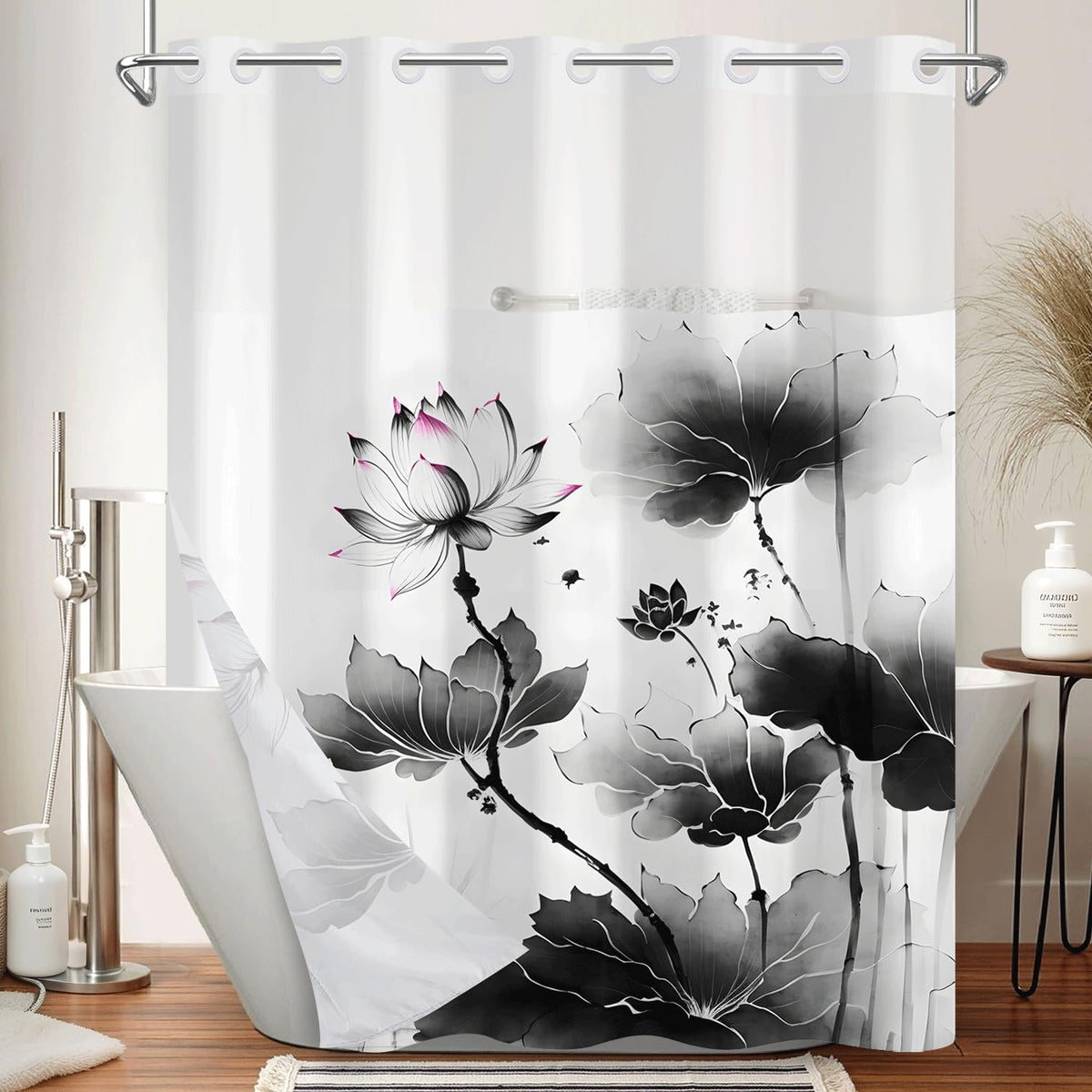 No Hook Shower Curtain and Liner Set (Lotus)