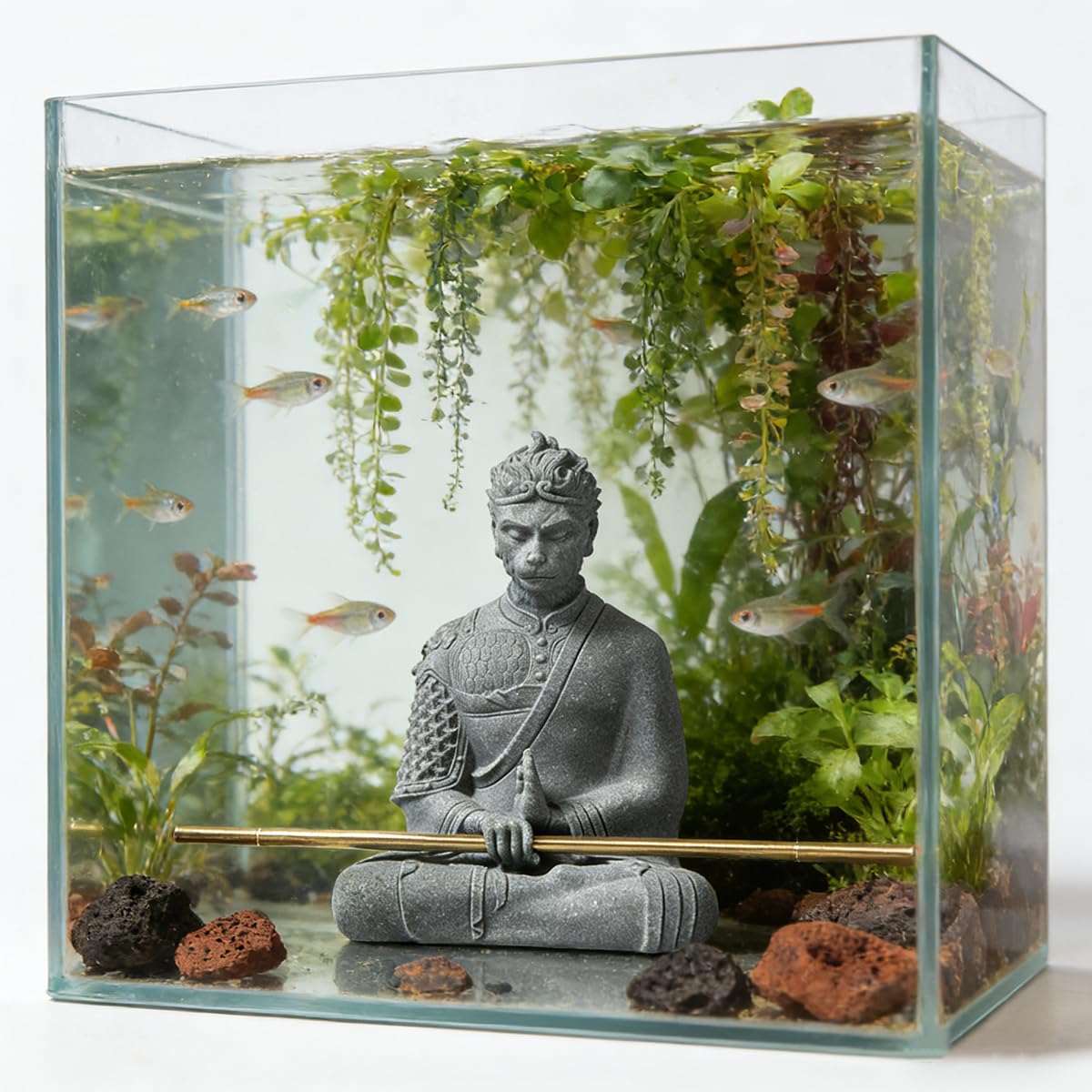 Aquarium Sun Wukong Statue Monkey Kings Buddha Statues Zen Sandstone Figurines for Fish Tank Garden Aquarium Decor (Gray)