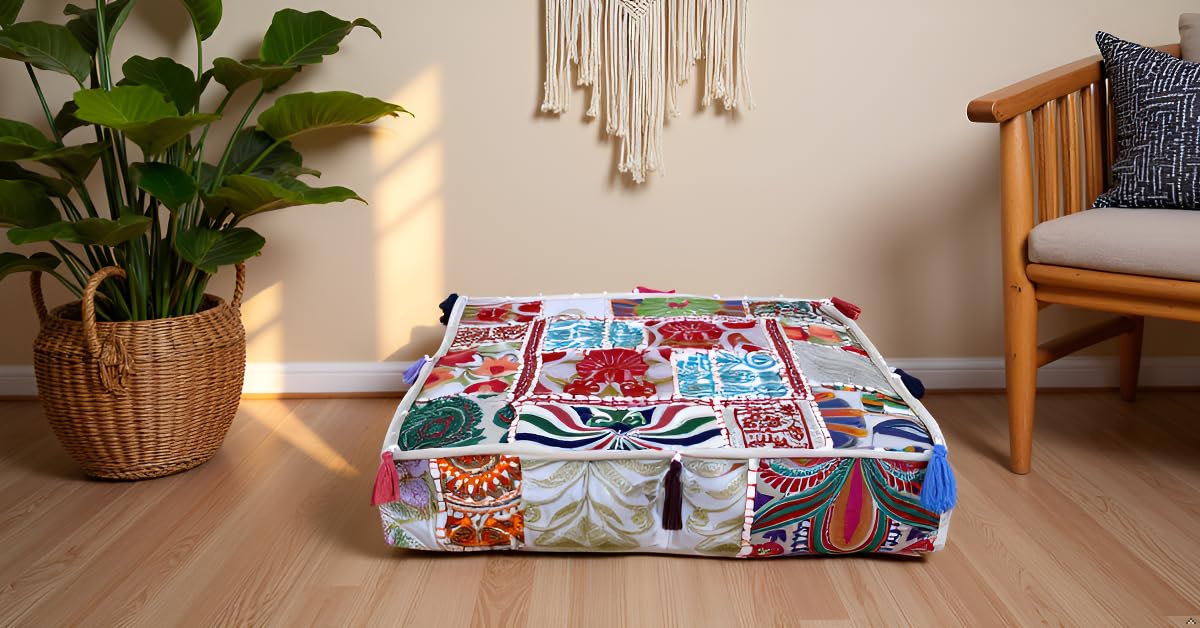 Indian Square Patchwork Traditional Pouf Cover Indian Living Room Poufs Decorative Embroidered Designer Ottoman Home Living Footstool Chair Cover Decor Pillow Cover 16x16x5 inches Off White (16"D x 16"W x 5"H / Off White)