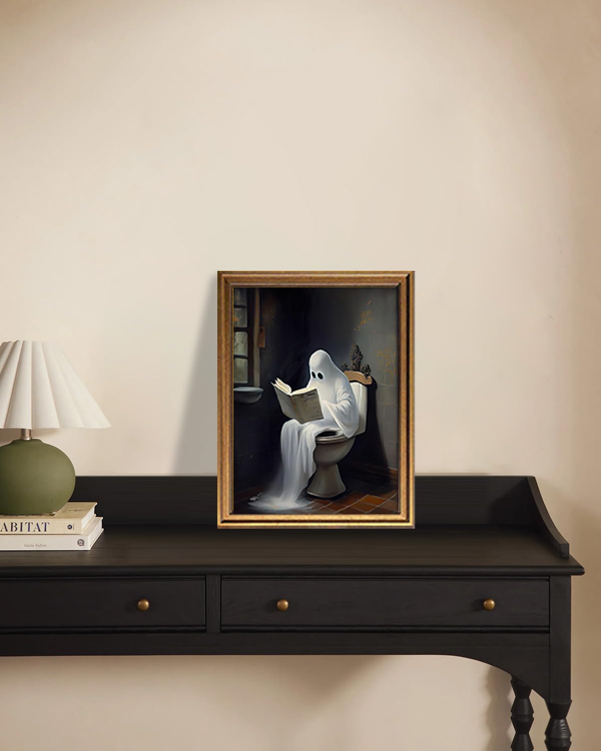 Vintage Halloween Ghost on Toilet Reading Book Gold Framed Wall Art 12x16In (Ghost / 16"L x 12"W)