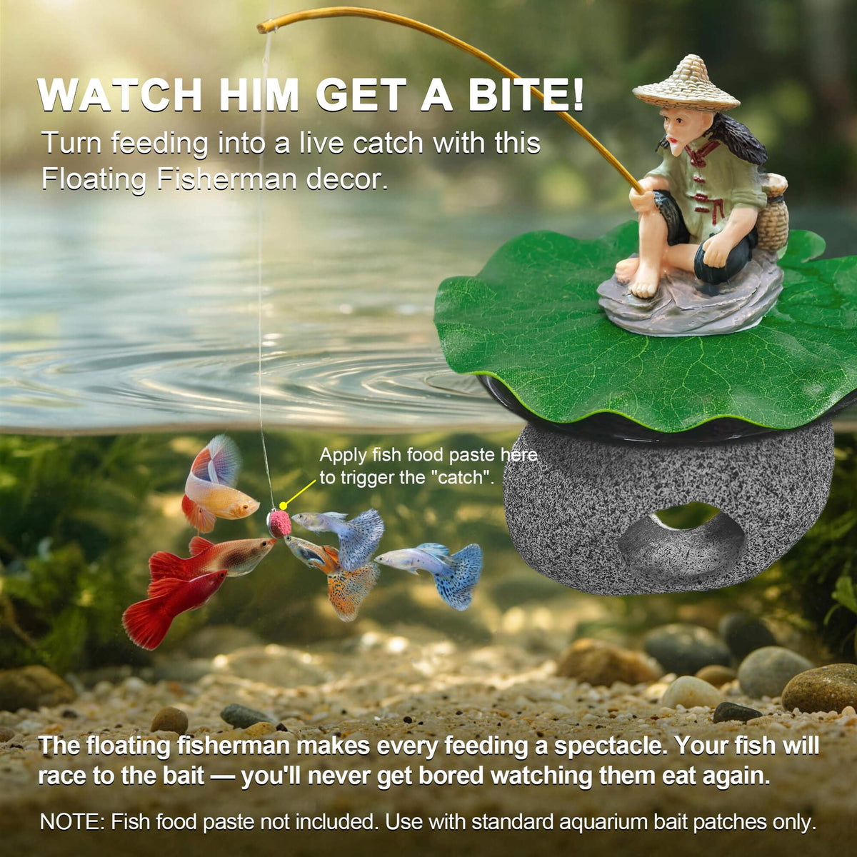 3-in-1 Floating Fish Tank Fisherman Decor, Lotus Pad & Betta Cave (Hideout Cave (3-in-1))