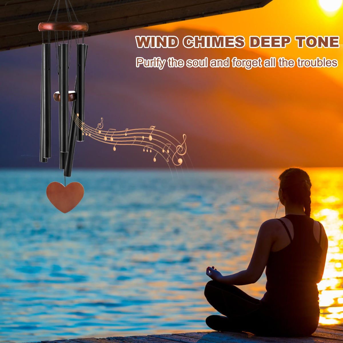 Black Metal Wind Chimes Outdoor Large (Black - Heart Shape Design)