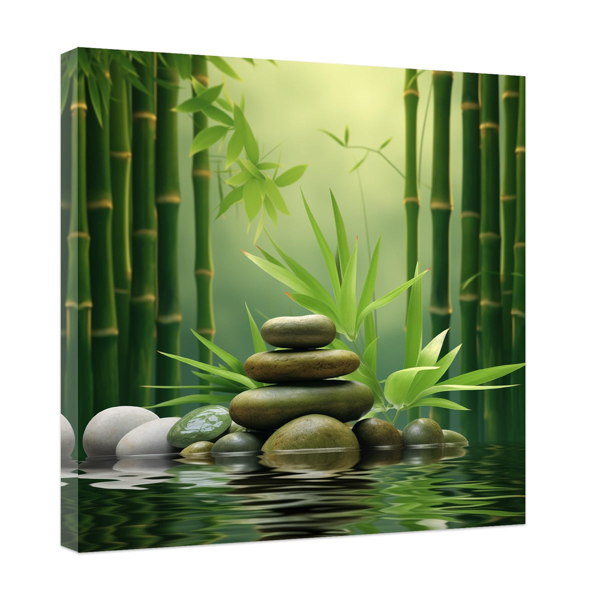 Green Zen Wall Art Stone Spa Pictures Bamboo Zen Bathroom Canvas Calming Meditation Print Relaxing Spiritual Yoga Room Office Decor Framed (D / 28"L x 28"W)