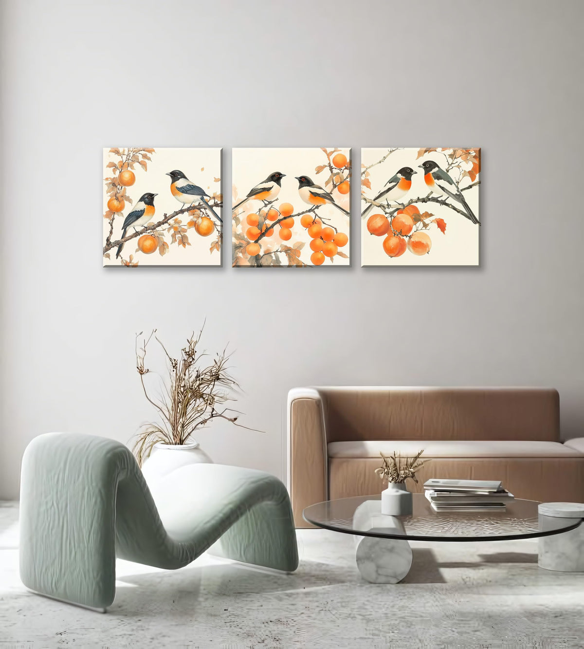 3PCS Vintage Style Watercolor Birds Orange Fruits Canvas Wall Art Botanical Autum Natural Scene Artwork for Living Room Bedroom Office Calming Wildlife and Fruit Branch Framed Canvas Prints (Birds Orange Fruits / 20x20 inches (3 pieces))