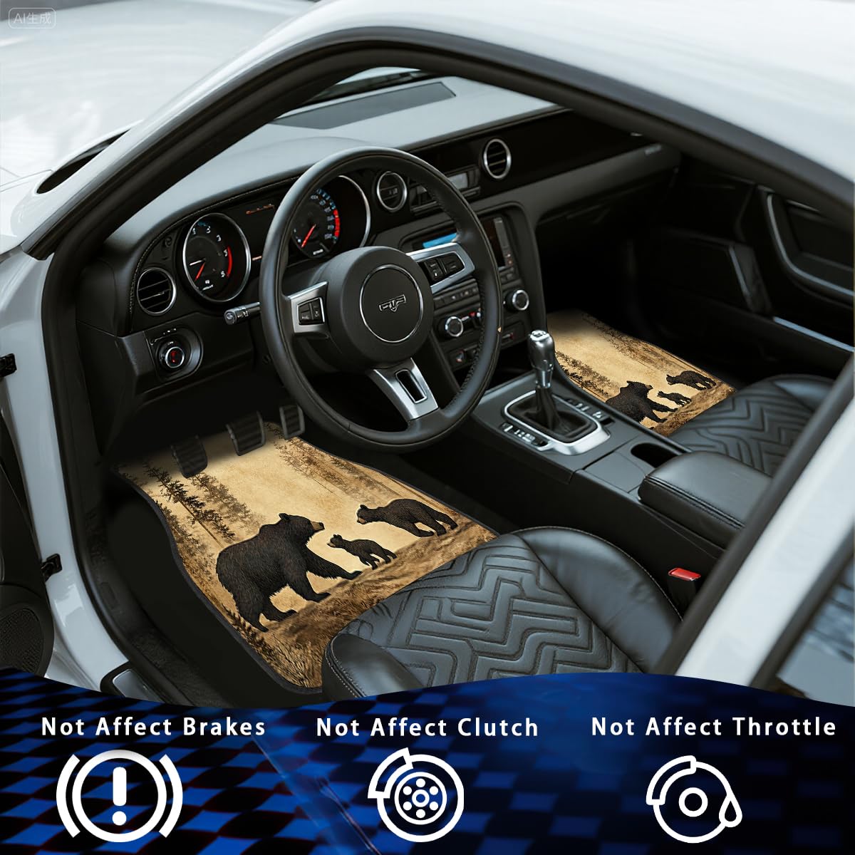 Black Bears Car Floor Mats Set of 4 Old Fashioned Fabric Pine Forest Carpet Front Rear Carpets Mat Non (26.8"L x 17.3"W x 0.4"Th / Black Bears)