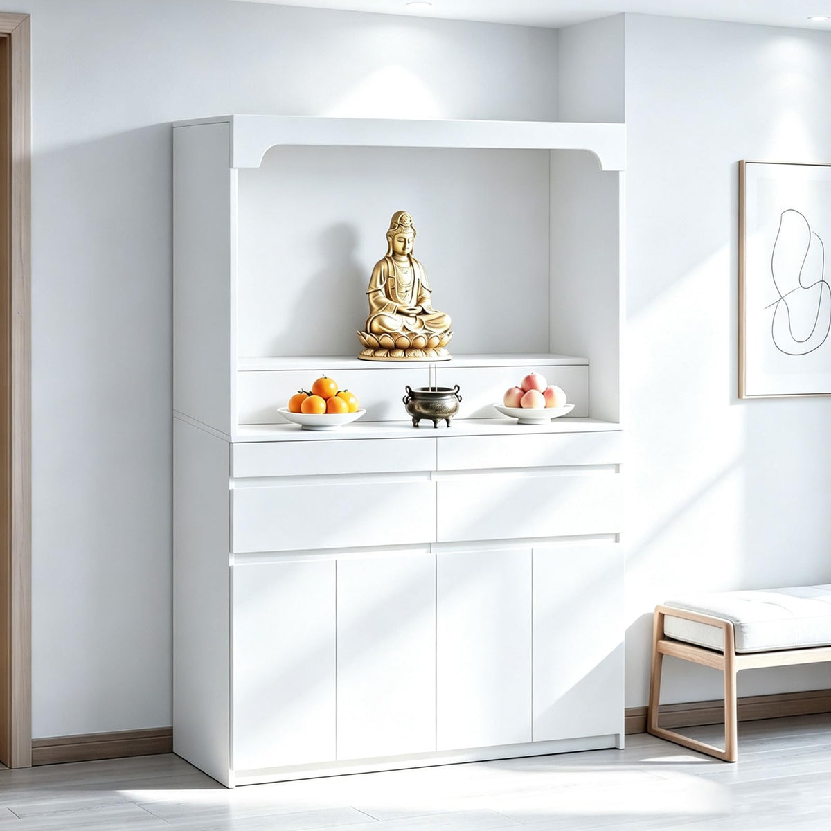 Altar Table Pooja Cabinet with Drawers and Storage Cabinets (39.4×15.7×65.4in / White)