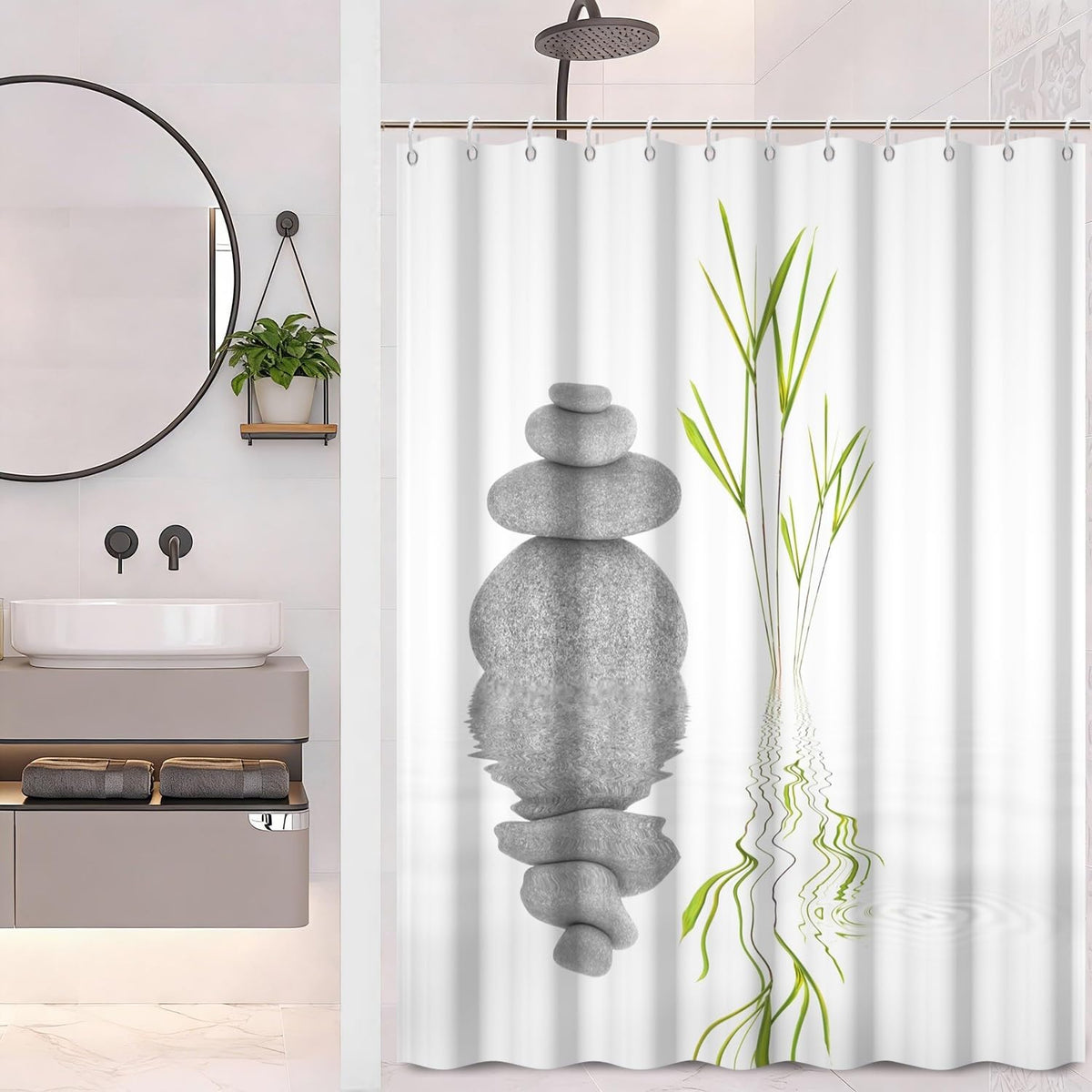 Zen Shower Curtain Spa Shower Curtain Zen Stone Meditation Bathroom Curtains Set Waterproof Cloth Fabric with Hooks Restroom Bath Bathtub Home Decor Accessories 65x72 inch (65"W x 72"L (Pack of 1) / White 02)