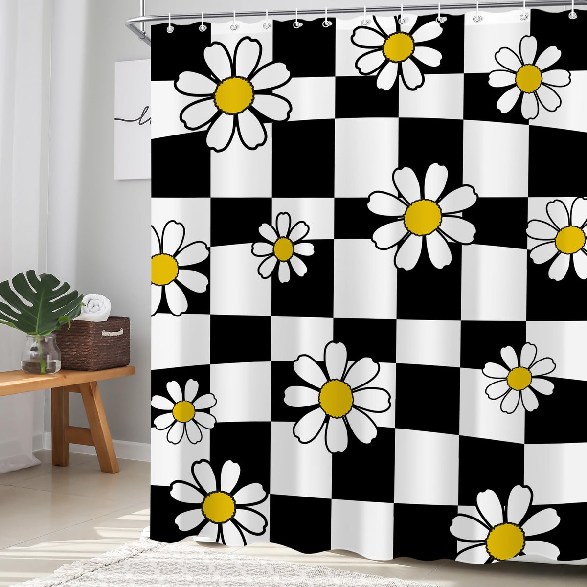 70s Retro Black White Checkered Daisy Shower Curtain 60"X72" Flower Checkerboard Cute Vintage Wavy Funky Shower Curtain Set for Bathroom Plaid Bathtub Curtain Decor Groovy Bathroom Curtain (60"W x 72"L (Pack of 1) / 70s Checkerd Daisy)