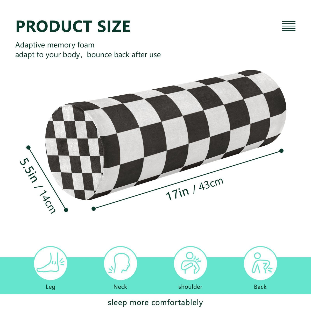 Checkered Black Neck Roll Pillow Bolster Round Health Memory Foam Long Cervical Cylinder Pillows with Removable Washable Cover for Body Bed Legs Back Yoga (Checkered Black)