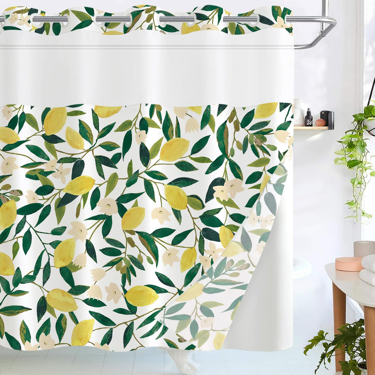 No Hook Shower Curtain with Snap in Liner (Hookless Lemon / 72"W x 74"L (Pack of 1))