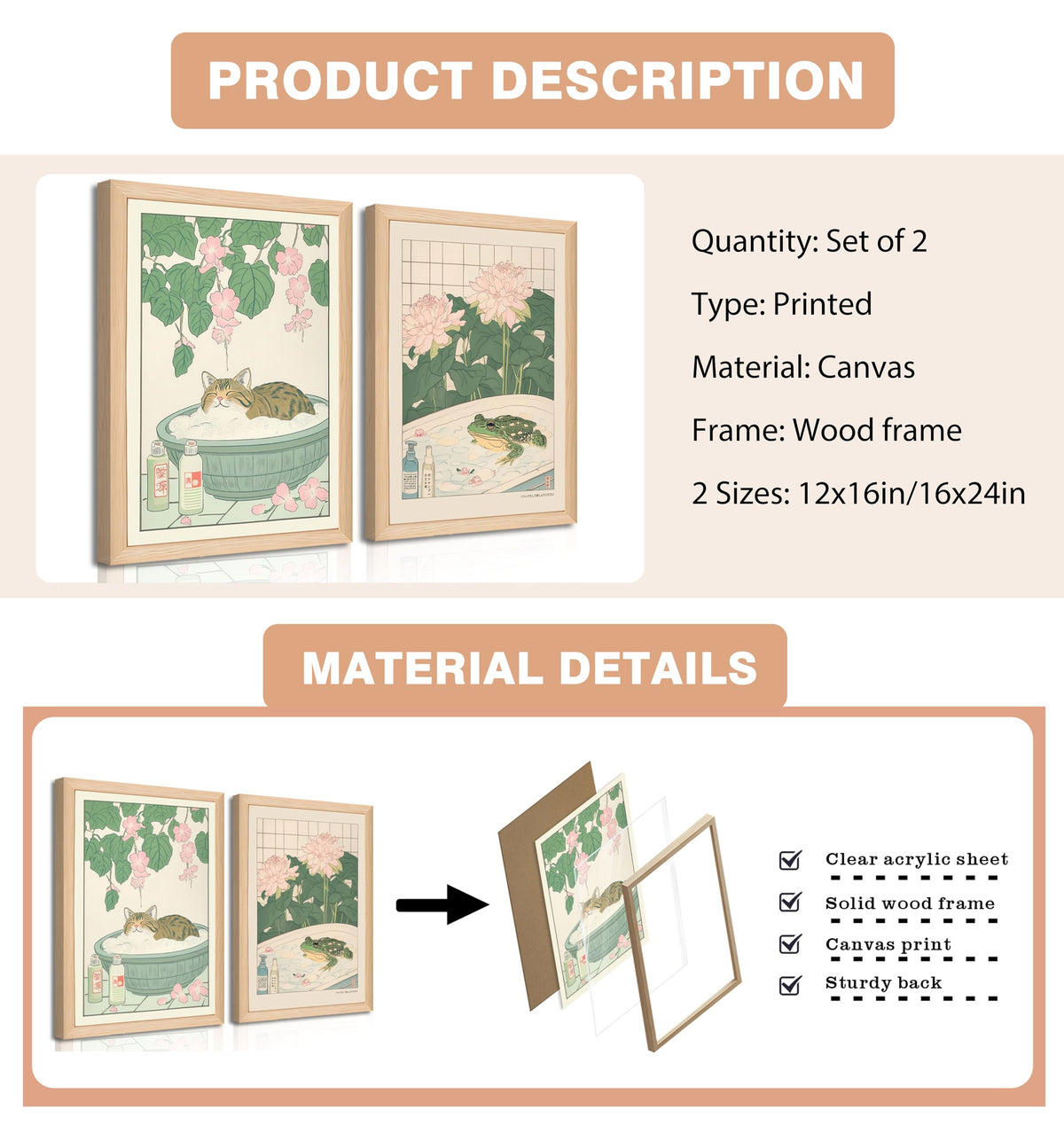 Japanese Cats Frogs Bathroom Wall Art Anime Cute Funny Canvas Print Decor (Cat Frog / 16"L x 12"W)