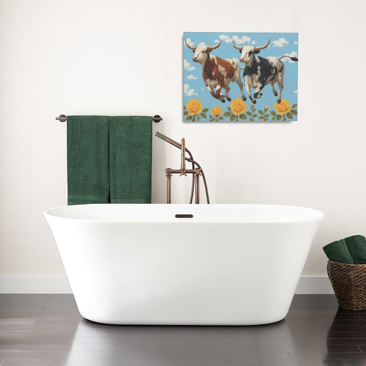 Longhorn Wall Decor Funny Cow Canvas Wall Art Cute Cattle Pictures Painting Artwork Framed Decoration for Bedroom Bathroom Living Room Kitchen Dining Room Office 16"x20" (Longhorn / 20L"×16W")