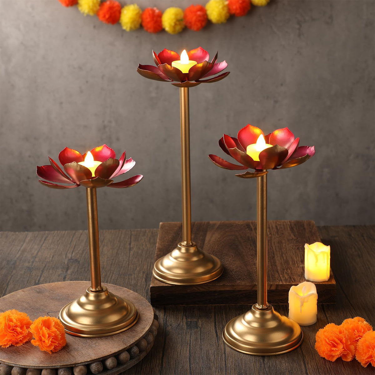 3 Pcs Diwali Lotus Shaped Candle Holder for Indian Diwali Pooja (Lotus)