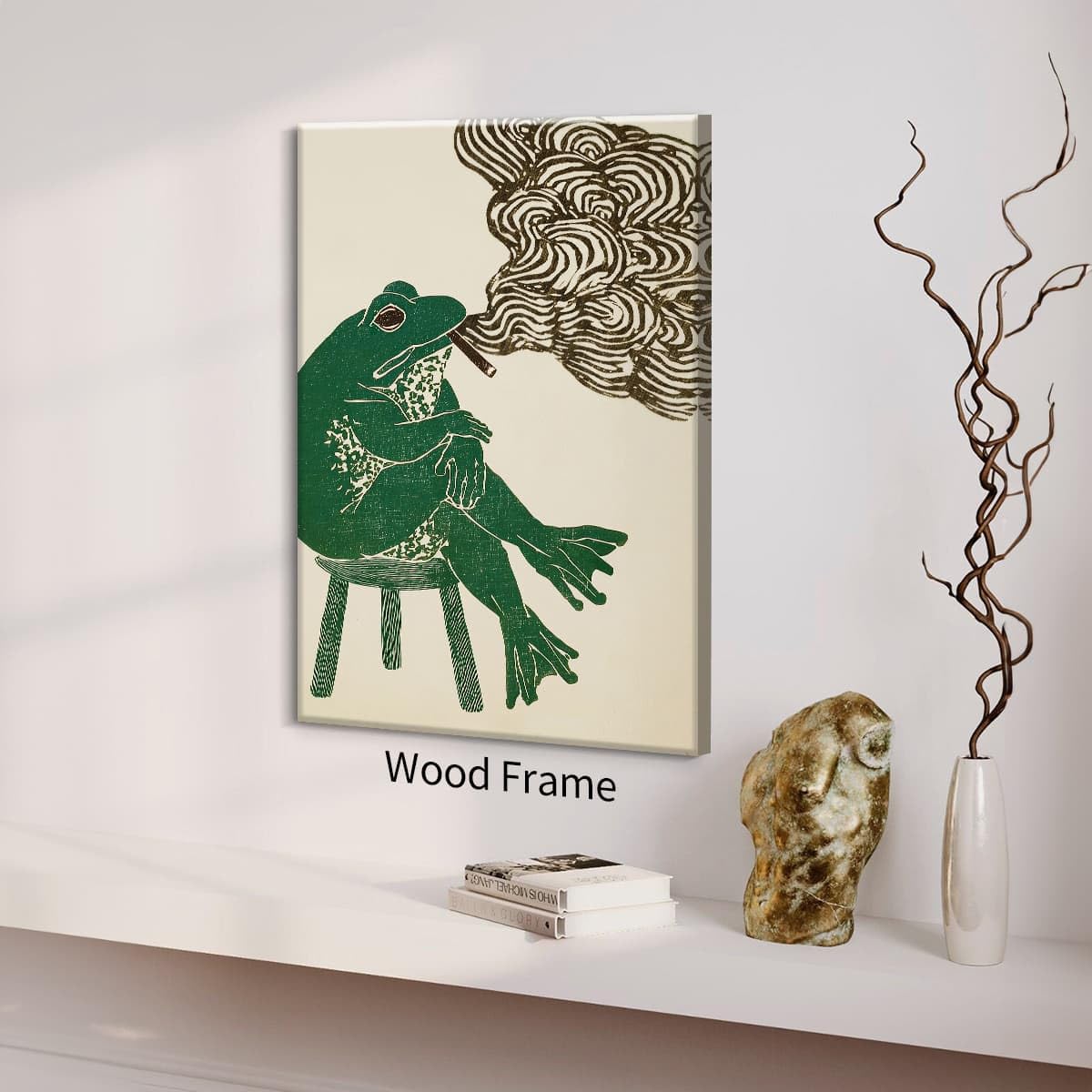 Framed Japanese Wall Art Funny Frog Smoking a Cigarette Poster Retro Oriental Asia Animals Print Ukiyo (Wrapped Canvas / Japanese Art 005 / 14"L x 11"W)
