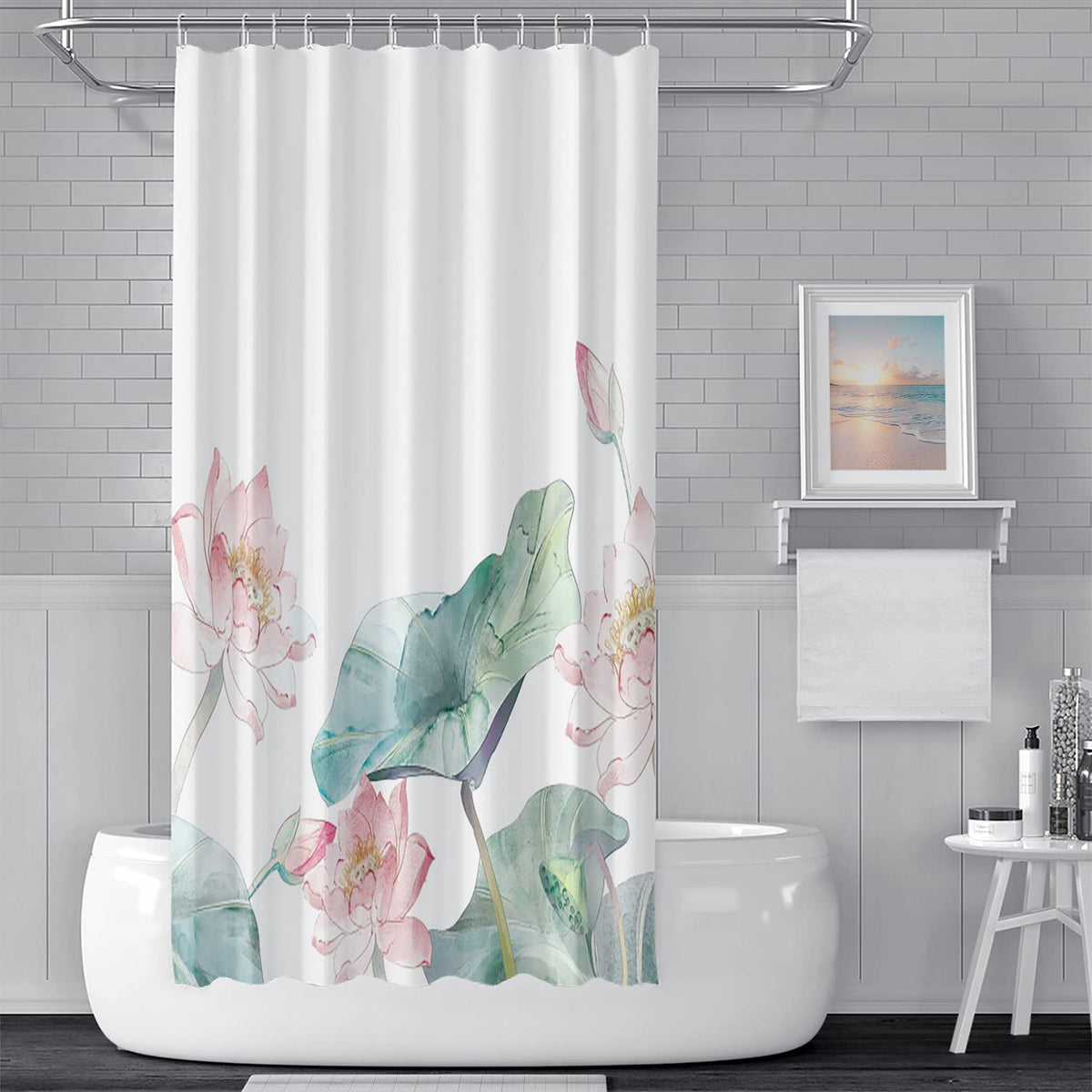 72x78inch Lotus Leaf Shower Curtain Set for Bathroom Decor Rustic Scenery Pond Watercolor Lotus Home Bathtub Stall Decor Summer Flower Floral Green Leaves Bathroom Curtain with Hooks (72"W x 78"L (Pack of 1) / Green Pink)