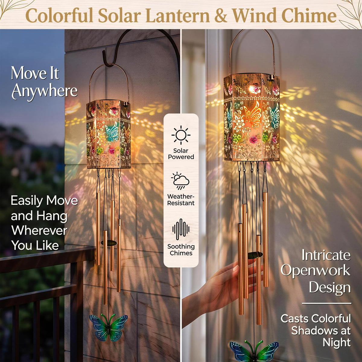 Butterfly Solar Wind Chimes for Outside (Butterfly)