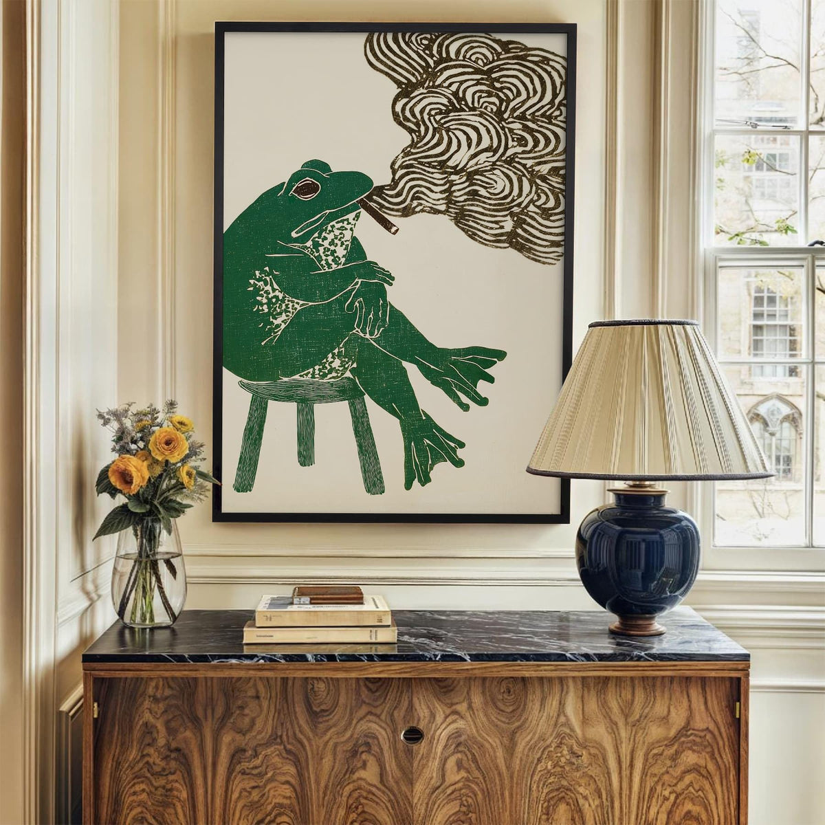 Black Framed Japanese Wall Art Funny Frog Smoking a Cigarette Poster Retro Oriental Asia Animals Print Ukiyo (Black Framed / Japanese Art 005 / 16"L x 12"W)