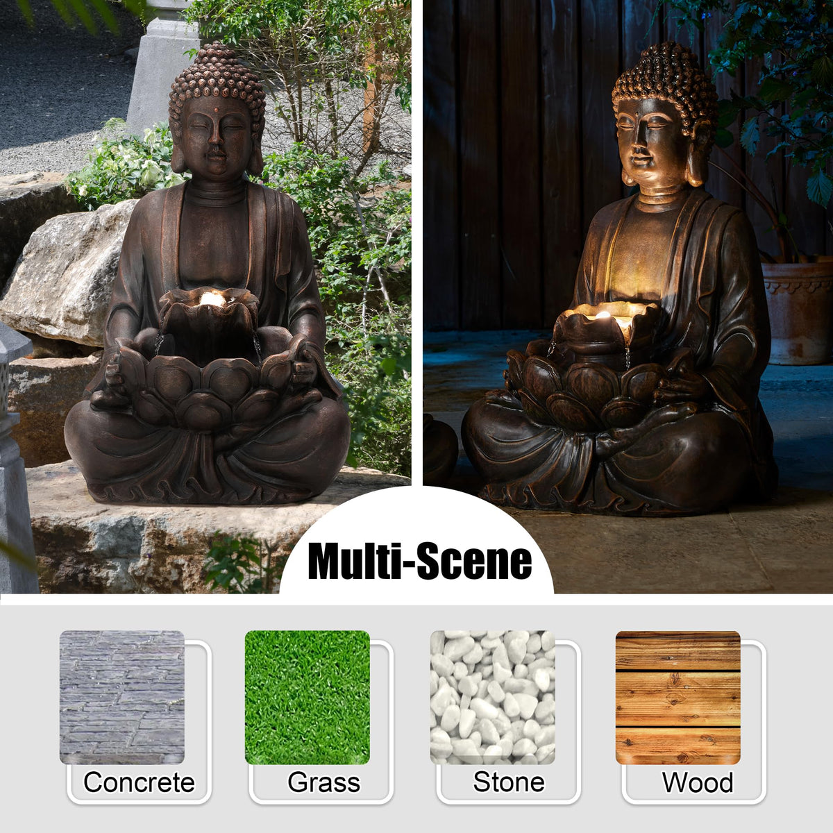 Buddha Fountain with Pump & LED Light (Bronze Buddha W/Lotus Leaf&flower Basins / 28.25"H)