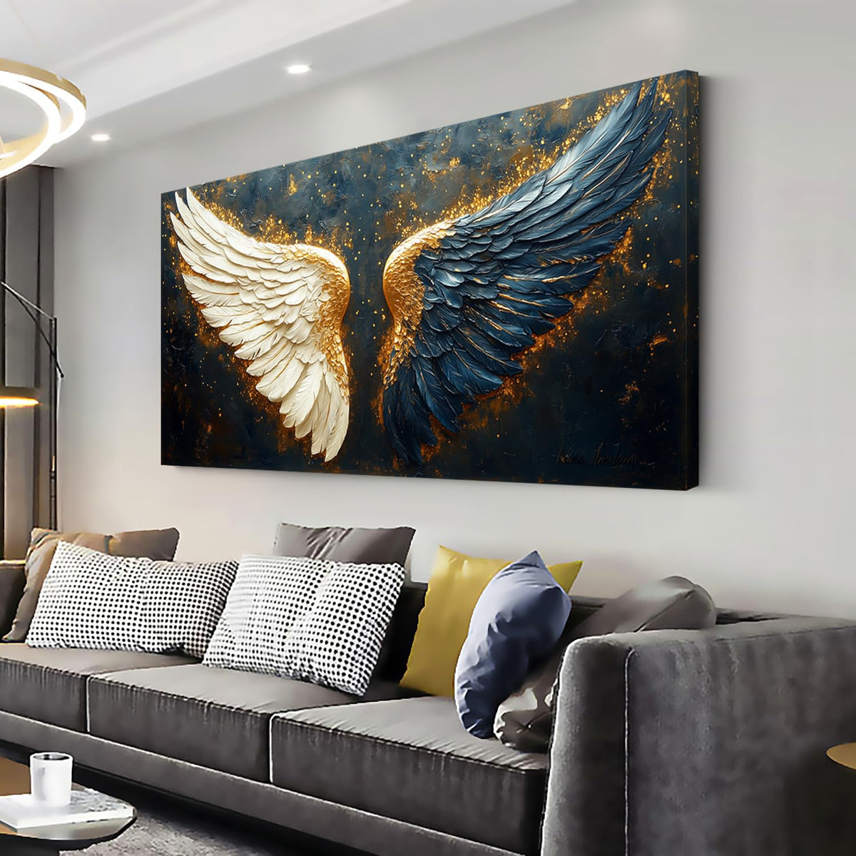 Multicolor Angel Wings Wall Art for Living Room Office Spiritual Symbolism Abstract Expressionism Painting Prints Modern Canvas Artwork Dining Bedroom Decor Extra Large (Abstract / White Blue Gold Angel Wings Wall Art / 58L" x 28W")