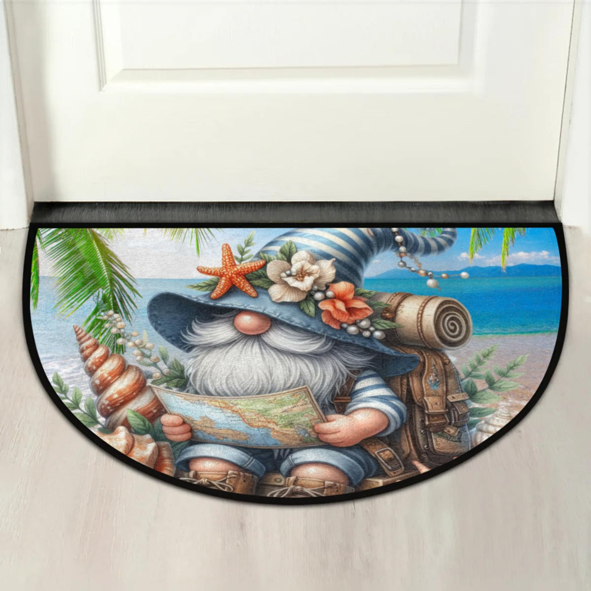 Half Round Door Mat Palm Trees Gnome Non Slip Half Moon Rug Indoor Entrance Washable Half Circle Area Rugs Semi Circle Bathroom Rugs Floor Carpet for Kithen Bedroom Fireplace Decor (B 04)