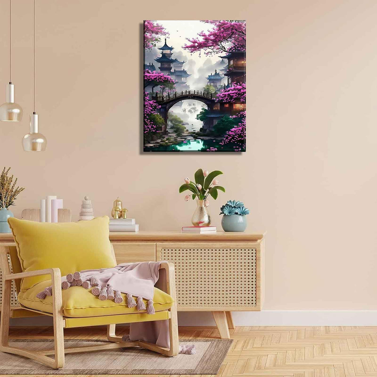 Eastern Zen Cherry Blossom Canvas Wall Art Japanese Ancient Architecture Decor Painting Picture Tokyo Anime Scene Posters Prints for Living room Hotel Bedroom Study Home Decoration (Japan / 24"L x 16"W)